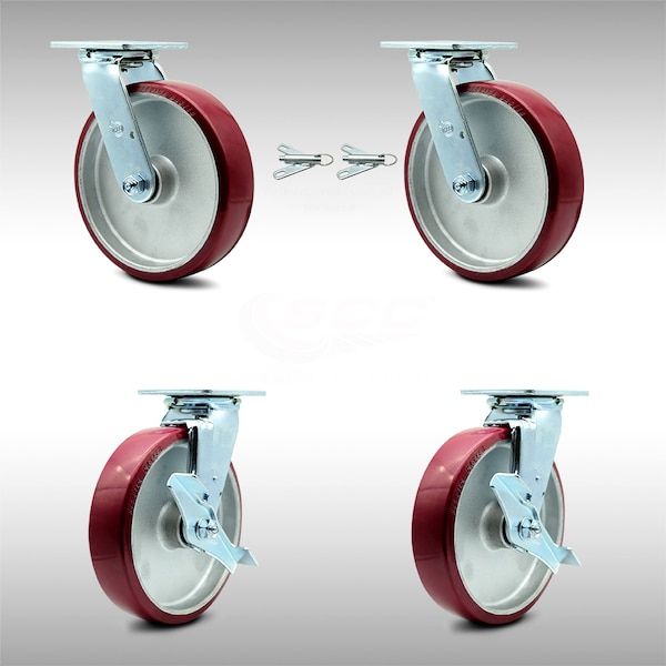 8 Inch SS Poly on Aluminum Caster Set with Ball Bearings 2 Swivel Lock 2 Brake